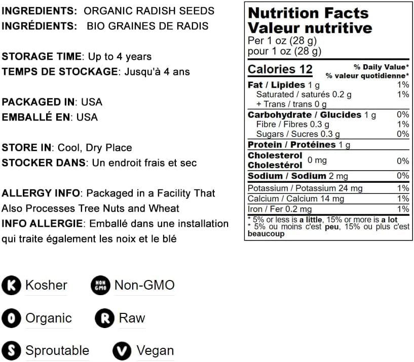 Miniatura 4 de Semillas de rábano orgánico para germinar, 8 onzas, sin OMG, semillas comestibles, puras, veganas, kosher, a granel. Sabor picante. Ricas en