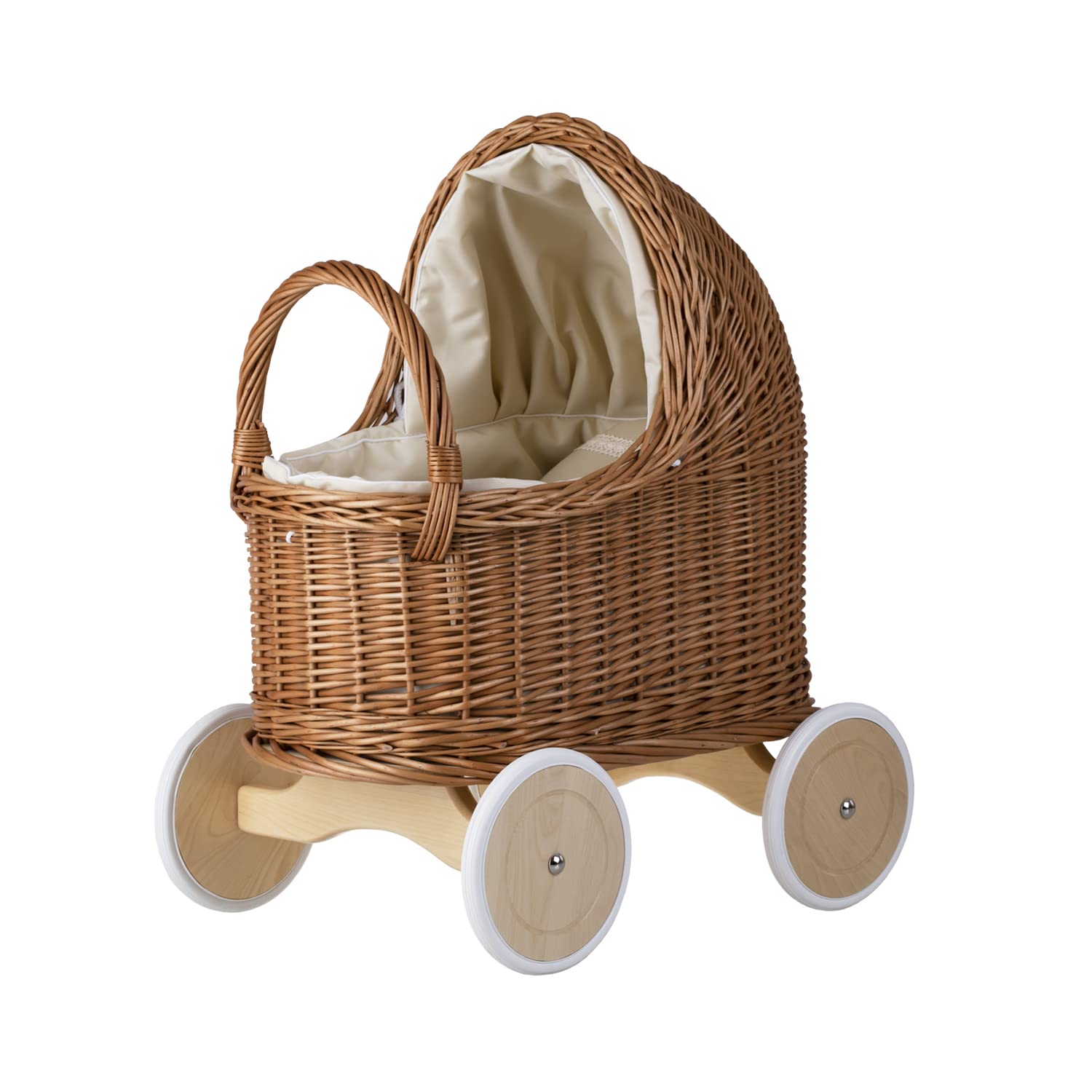 e-wicker24 Duży wózek dla lalek z wikliny w naturalnym kolorze, wózek do nauki chodzenia