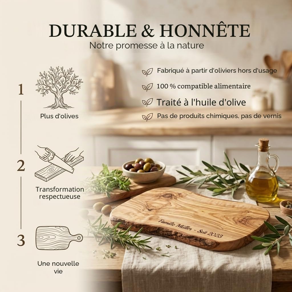 Planche à découper personnalisée, bois d'olivier - Planche à découper rustique en bois d'olivier avec gravure comme cadeau individuel (30-34 cm)