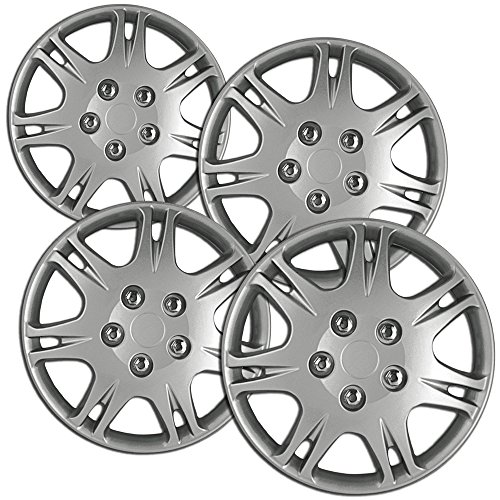 OxGord 15 inch Silver Snap-On Hubcaps with 7 Double Spoke Compatible with 1999-2003 Mitsubishi Galant Standard Steel Wheel Covers