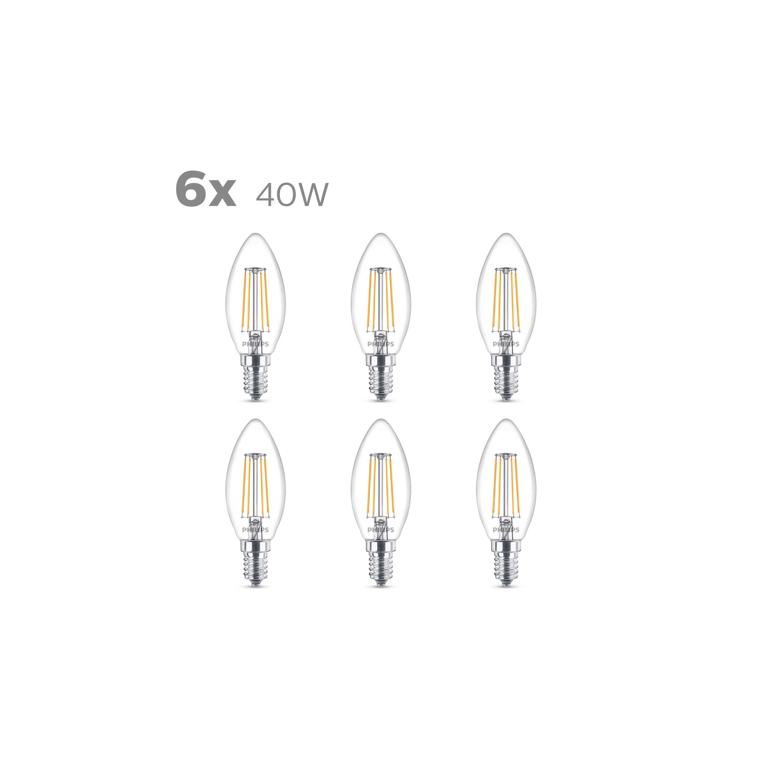 Philips LED Lampadina Oliva filamento, 6 pz, 40W, Attacco E14, Luce Bianca Calda, Non Dimmerabile (Confezione da 2)