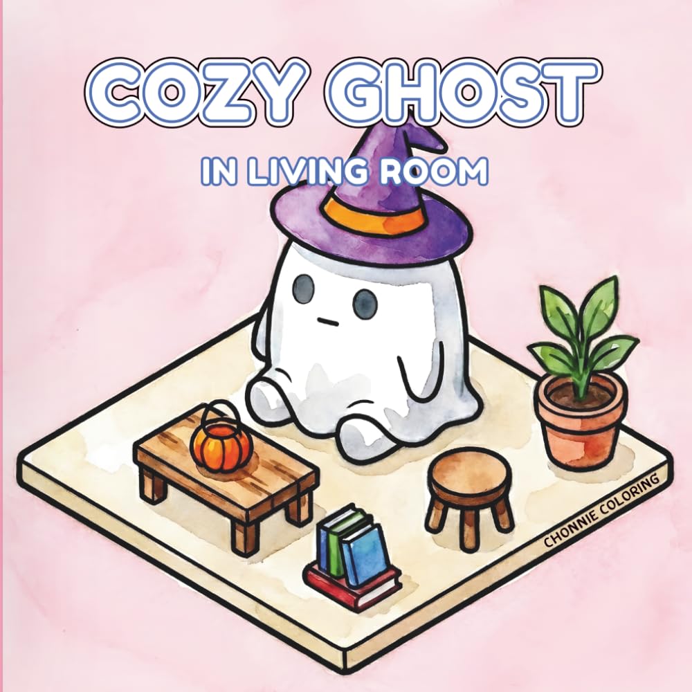 Cozy Ghost in Living Room: A Kawaii Isometric Interior Coloring Book Featuring Cute Spooky Spirits and Relaxing Living Spaces for Kids, Teens, and Adults