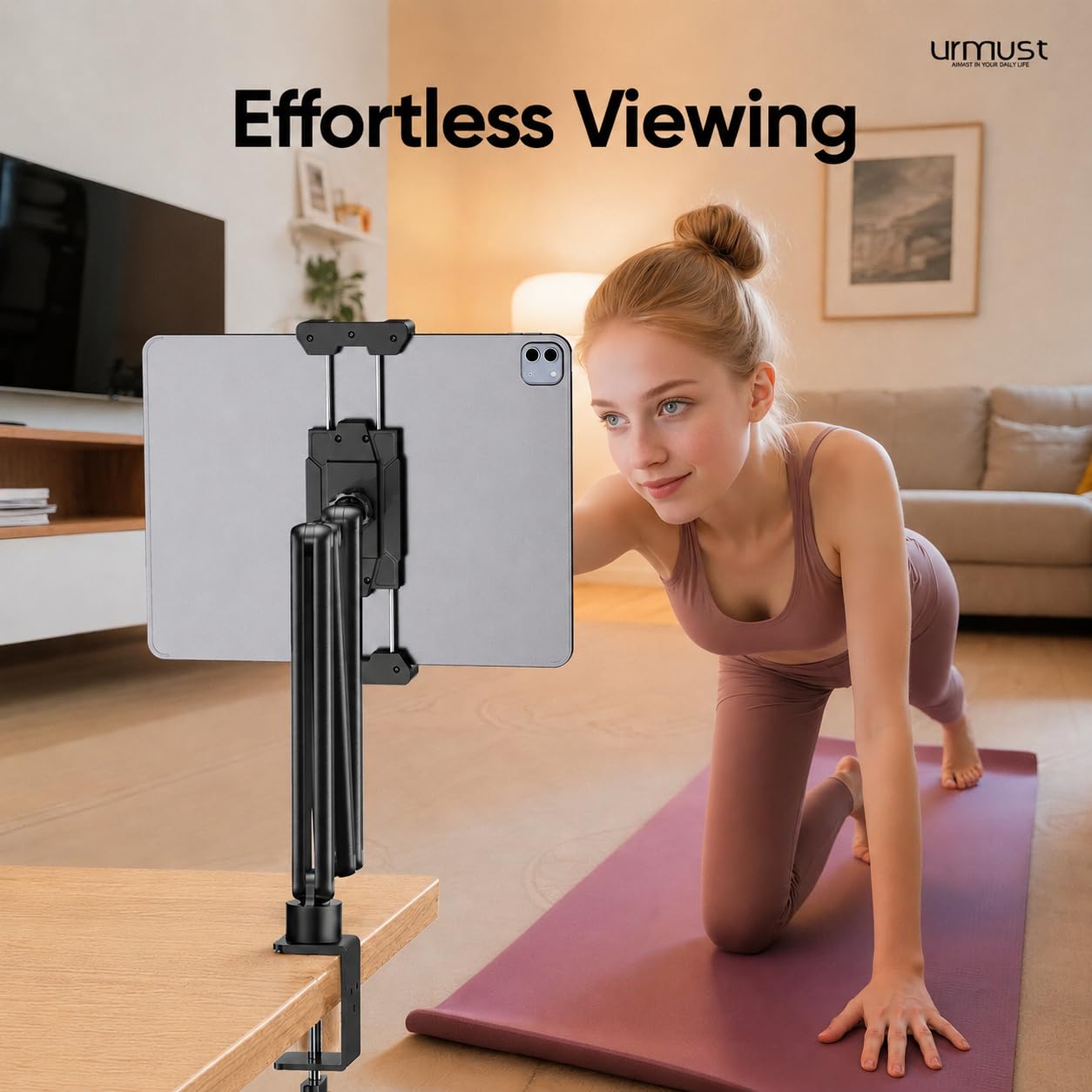 Urmust Support de Tablette en Aluminium Rotation à 360°, Support Mural réglable pour iPad, avec Bras Extensible en Aluminium réglable pour 4,7" à 18,5" iPad/Portable Monitor