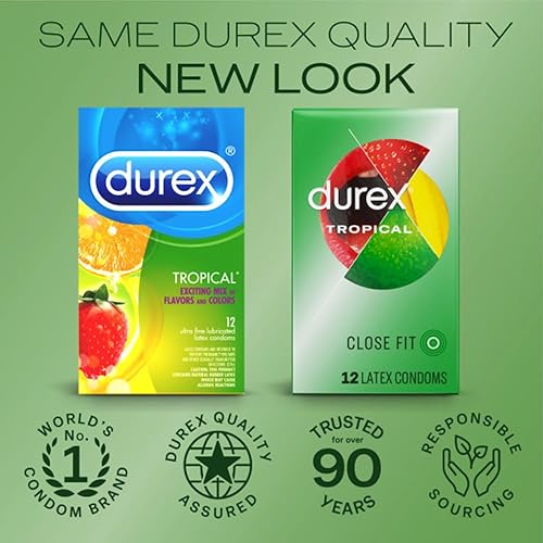 Miniatura 6 de Durex Condones tropicales condones de látex de goma natural para hombres elegibles para FSA y HSA sabores emocionantes 12 unidades paquete de 3