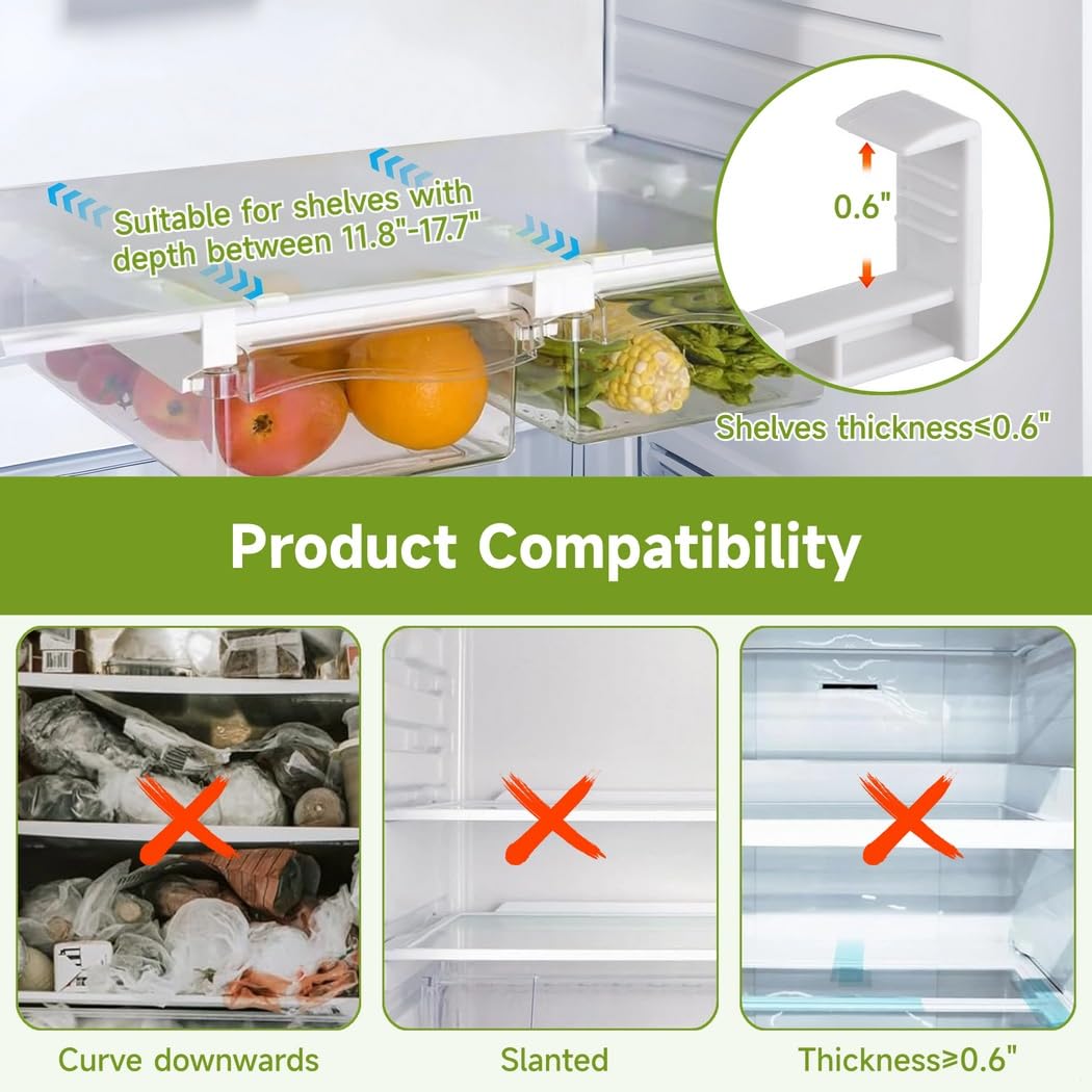 Organizadores de cajones de nevera de 2 piezas, cajones de almacenamiento ajustables para estantes de refrigerador de menos de 0.6 pulgadas
