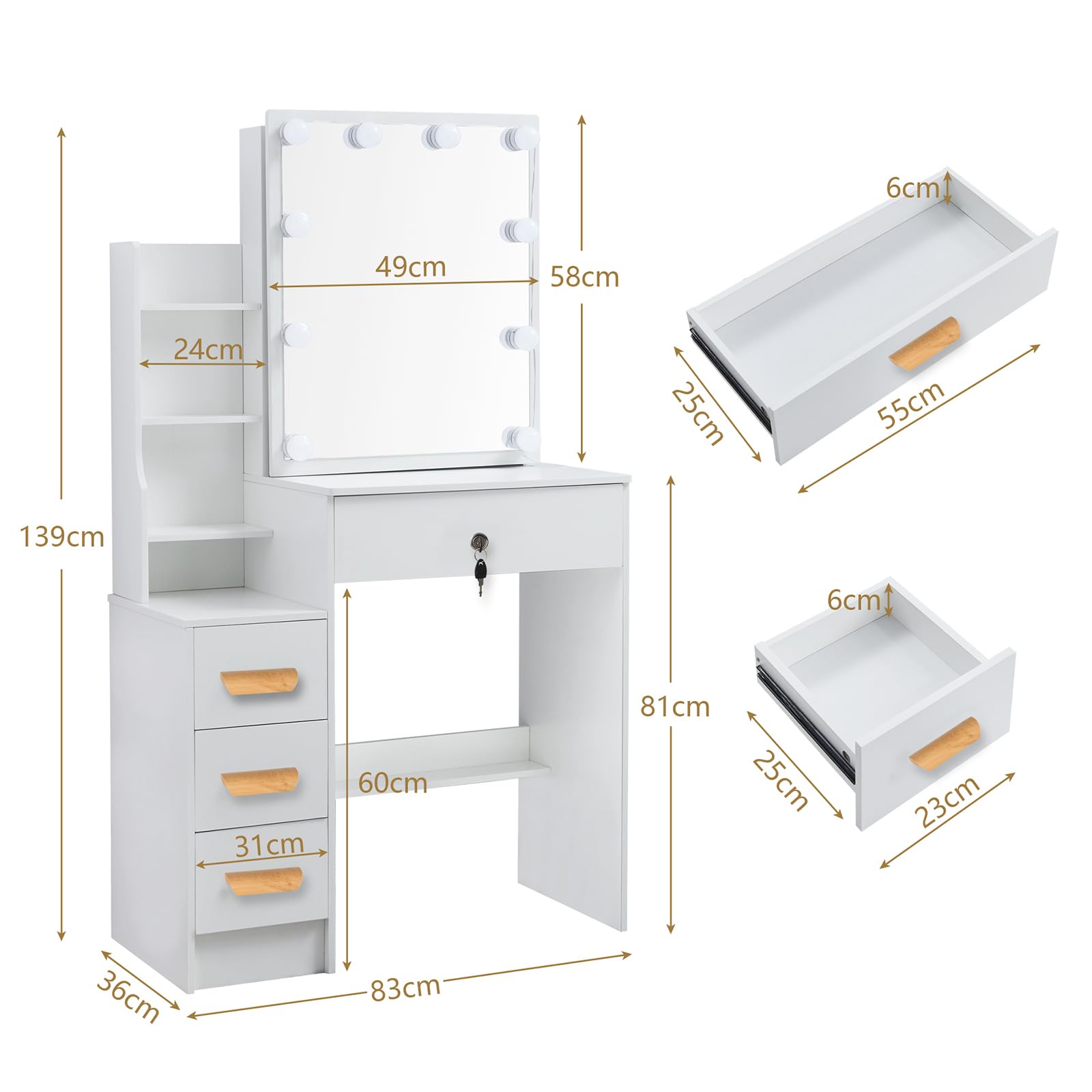 Toeletta da Trucco con Luci LED Hollywood, Tavolo da Trucco con Specchio e Sgabello, Tavolo da Trucco con 6 Cassetti e 6 Ripiani, Postazione Make-up Moderna 80x36x131cm