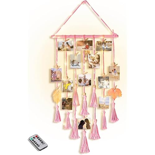 Hanging Photo Display Wall Decor, Pink Macrame Wall Hanging Boho Room Bedroom Decor, Picture Frame Collage with Remote Light & 30 Clips, Christmas Teenage Teen Girl Gifts Ages 10 11 12 13 14 Years Old