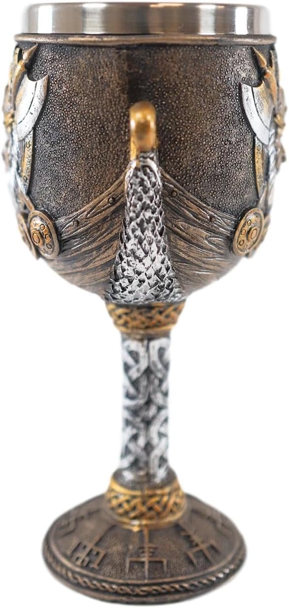 Ebros Gift Norse Mythology Valhalla Viking Odin Warlord With Dragon Longship Hull And Stern 7oz Resin Wine Goblet Chalice With Stainless Steel Liner Cup Thor's Compass Vegvisir Bearings Design