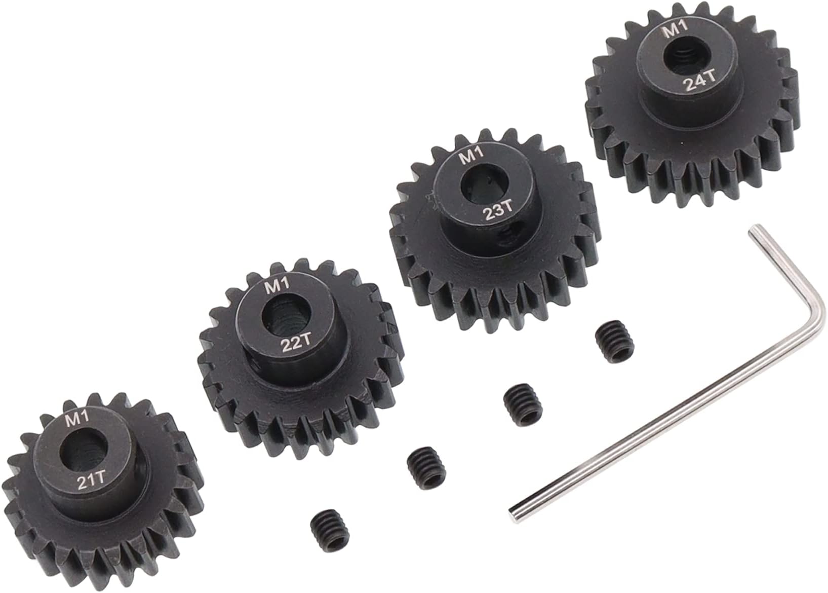 4PCS Metal Steel M1 Pinion Gear Sets 21T 22T 23T 24T fit 5mm RC Motor Shaft Gears Compatible with Arrma Traxxas Axial HSP Redcat Losi 1/8 1/10 Scale RC Car Truck Buggy