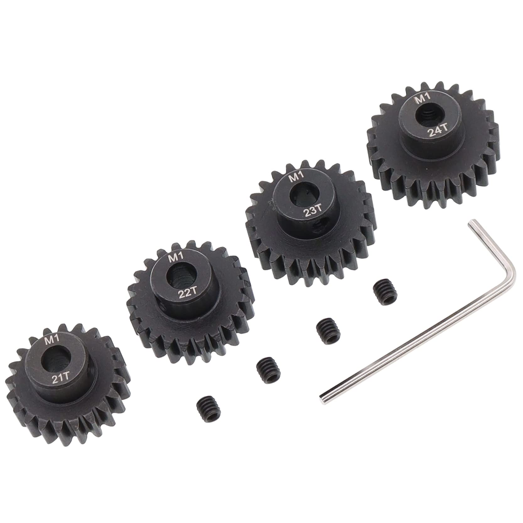 4PCS Metal Steel M1 Pinion Gear Sets 21T 22T 23T 24T fit 5mm RC Motor Shaft Gears Compatible with Arrma Traxxas Axial HSP Redcat Losi 1/8 1/10 Scale RC Car Truck Buggy
