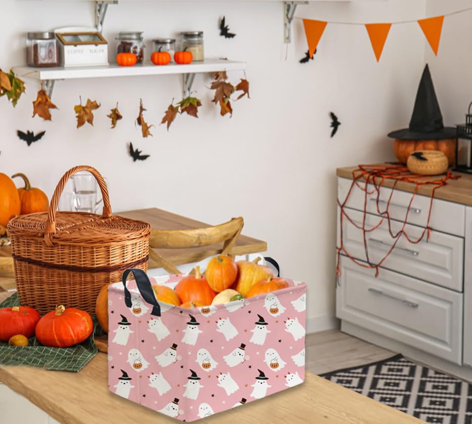 Image of Rectangular Kids Basket,Halloween Basket.Cute Baskets for Girls, Pink Baskets with Handles.Books Bins,Gifts Box. (Pink Halloween)