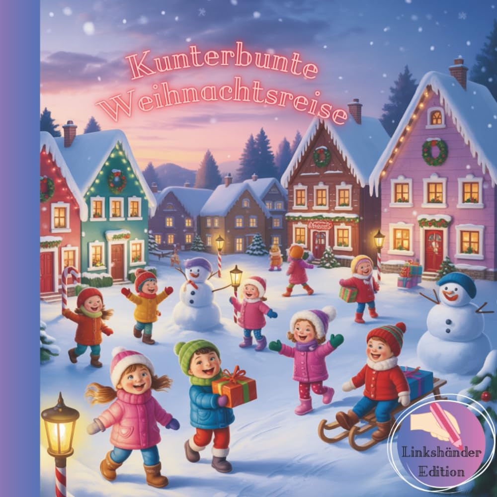 Kunterbunte Weihnachtsreise: Linkshänderedition des Malbuches für Kinder mit weihnachtlichen, festlichen Motiven. Das mit der Hand drauf.