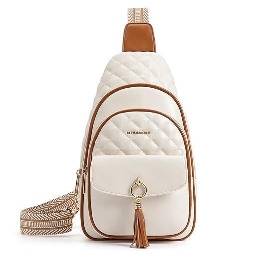 Missnine Sling Bag PU Leather Crossbody Bags Women Trendy Fanny Pack Cross Body Purse Quilted Chest Bag Ladies Hiking Cycling Travel with Tassel