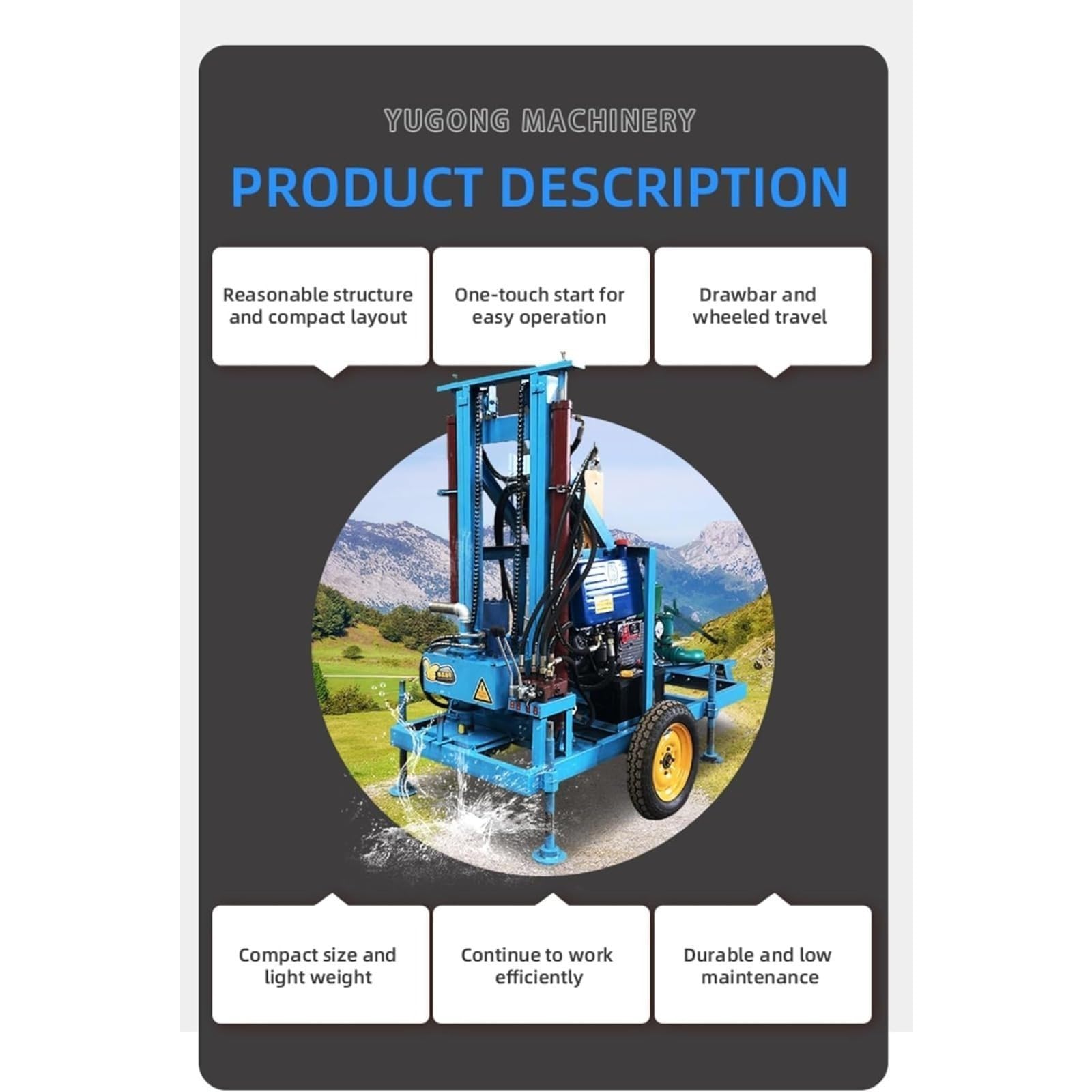 Perceuse de puits d'eau, plate-forme de forage de puits d'eau hydraulique avec équipement de forage portable, forage de puits profond pour les eaux souterraines, l'irrigation agricole et les projets