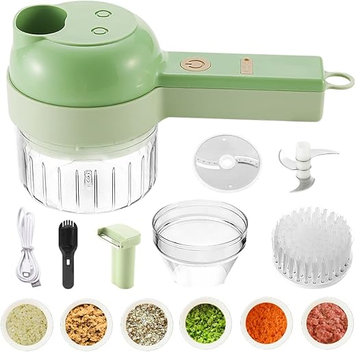 4 in 1 Handheld Electric Vegetable Cutter Set Portable Wireless Masher Garlic Press & Slicer Set Multifunctional Electric Mini Food Processor with Brush (Acrylonitrile Butadiene Styrene)
