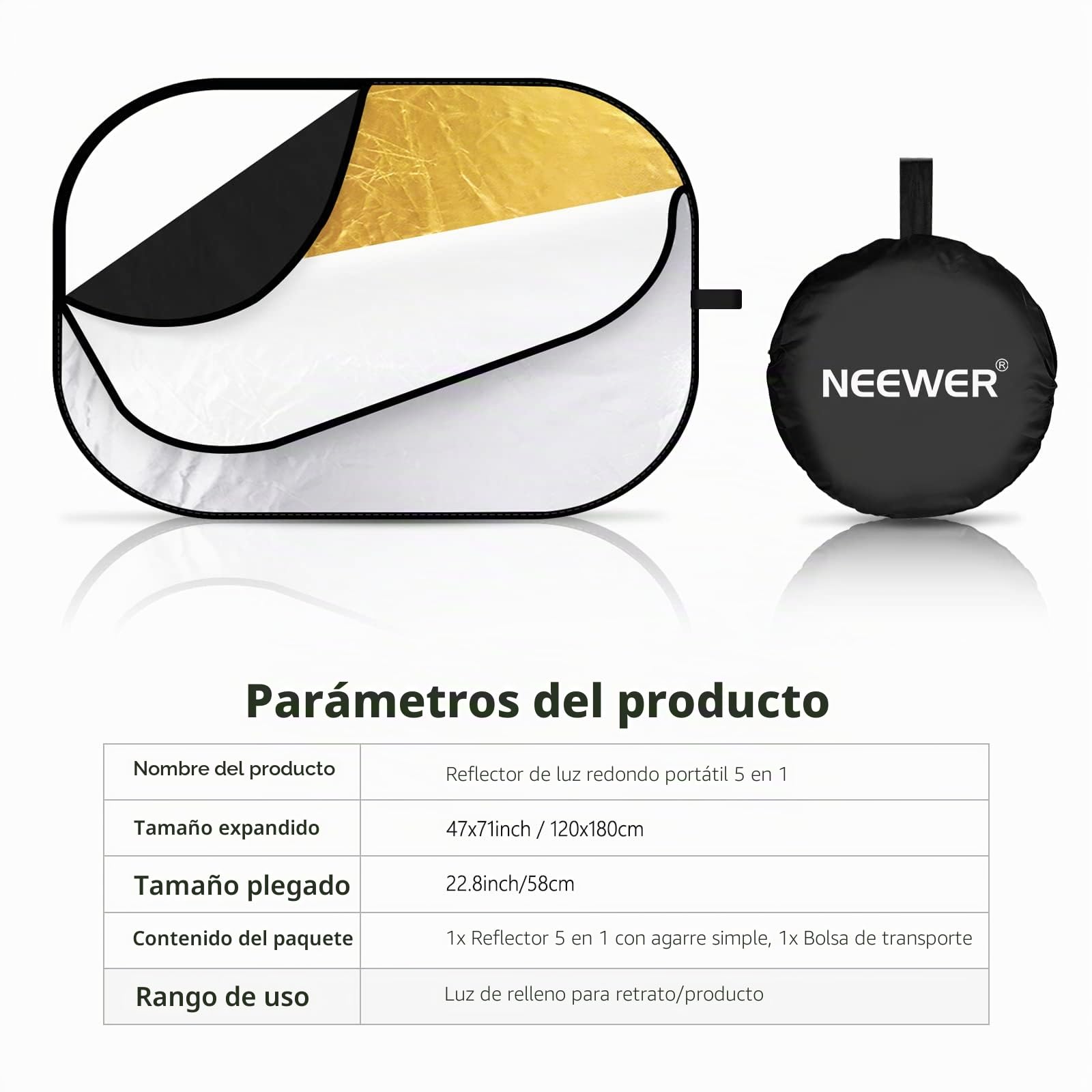 Neewer® Reflector de luz Ovalado 5 en 1, 120 x 180 cm, Plegable, Profesional, con Superficie translúcida, Plata, Negro, Oro, Blanco