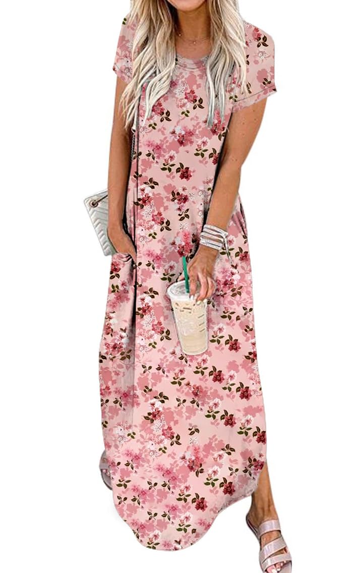 Jeqeocafy Women Summer Long Sundress Crewneck Short Sleeve Maxi Dress 2026 Casual Loose Beach Dress with Pockets