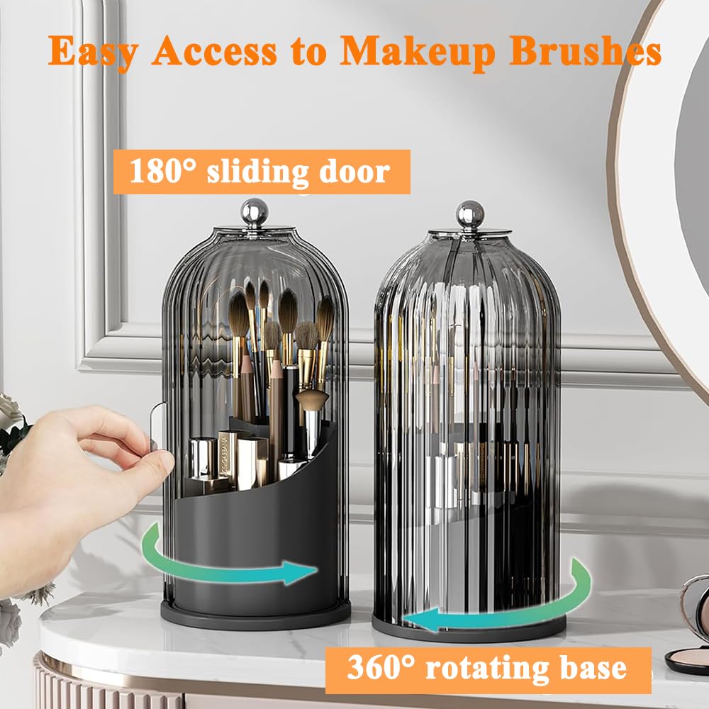 Porta pennelli da Trucco con Coperchio, Girevole a 360°, Organizer per Cosmetici da appoggio, Antipolvere, per Bagno, Trasparente (Tutto Nero)