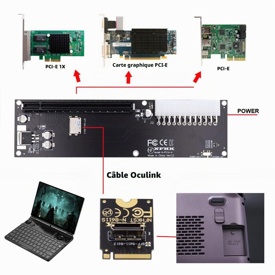 chenyang Oculink SFF-8612 vers PCI-E 3.0/4.0 M.2 M-Key vers PCIe 3.0/4.0 X16 Adaptateur pour eGPU/GPD Win Max2 Carte graphique externe et SSD