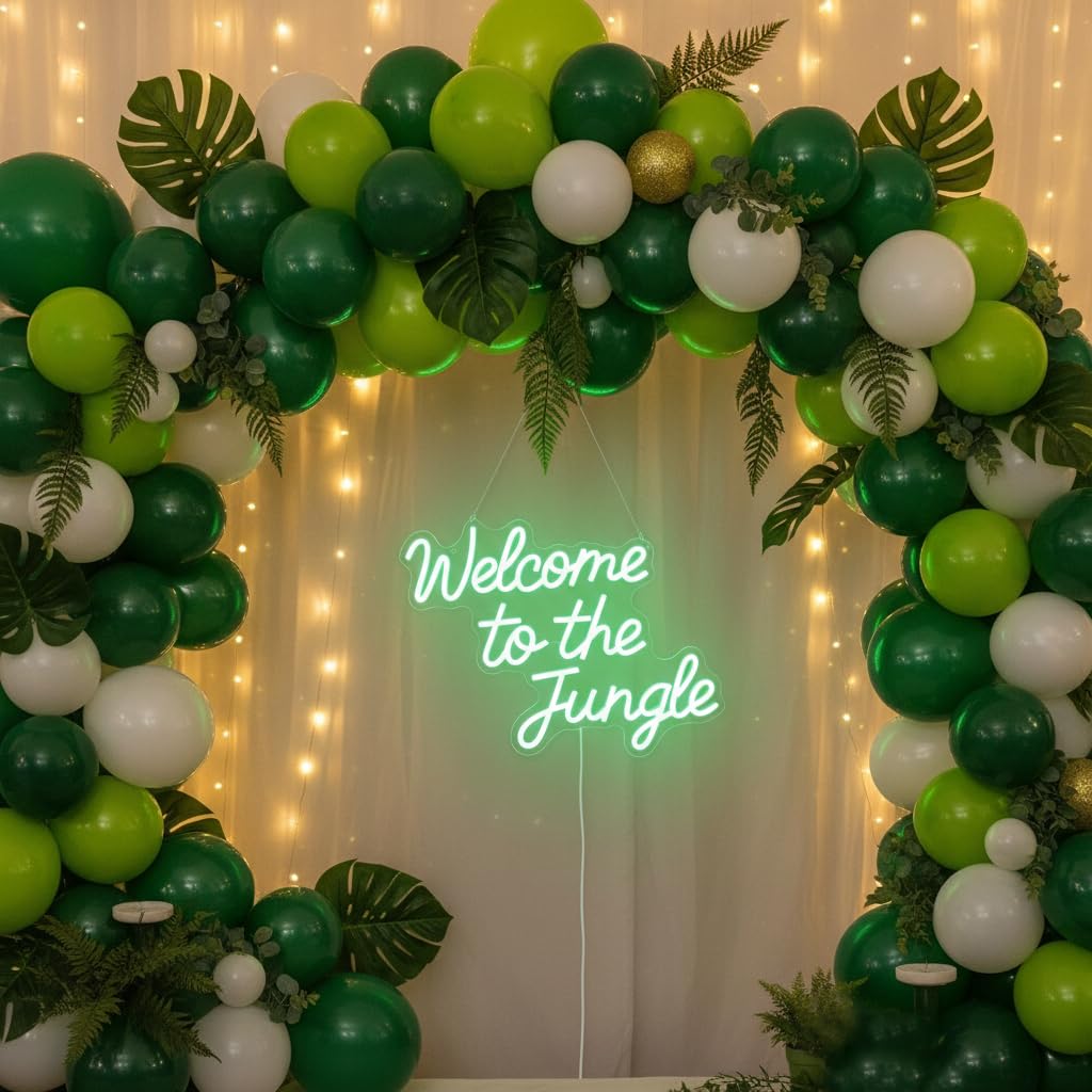 Letrero de neón con texto en inglés "Welcome to the Jungle" para decoración de la selva, luces LED verdes regulables para fiesta de selva, aula, guardería, entrada del hogar, habitación