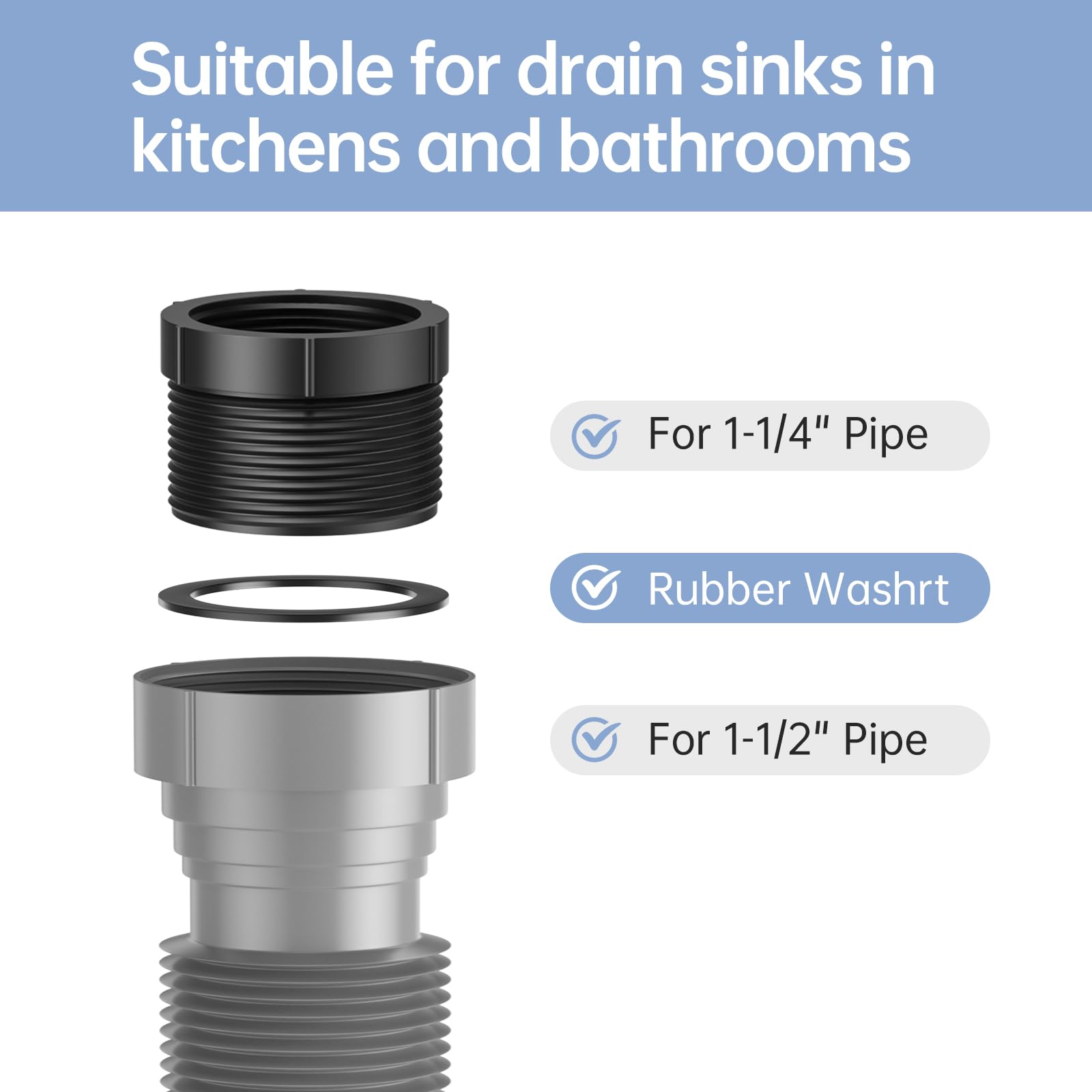 Kit de 2 tubos expandibles flexibles en P (1 1/2 pulgadas o 1 1/4 pulgadas), solución de drenaje para fregadero de cocina individual, incluye anillo de sellado adaptador para eliminación de