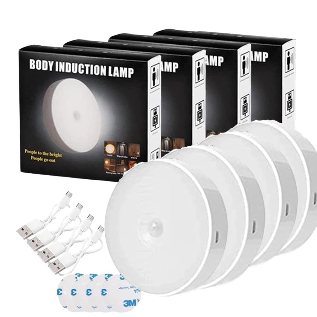 Chillyfit Motion Sensor Light Home (Pack of 4) with USB Charging Wireless Self Adhesive Led Body Induction Lamp Sensor Light Wardrobe Lights with Sensor Night Light Cupboard Stairs, 8.6 Cm, White