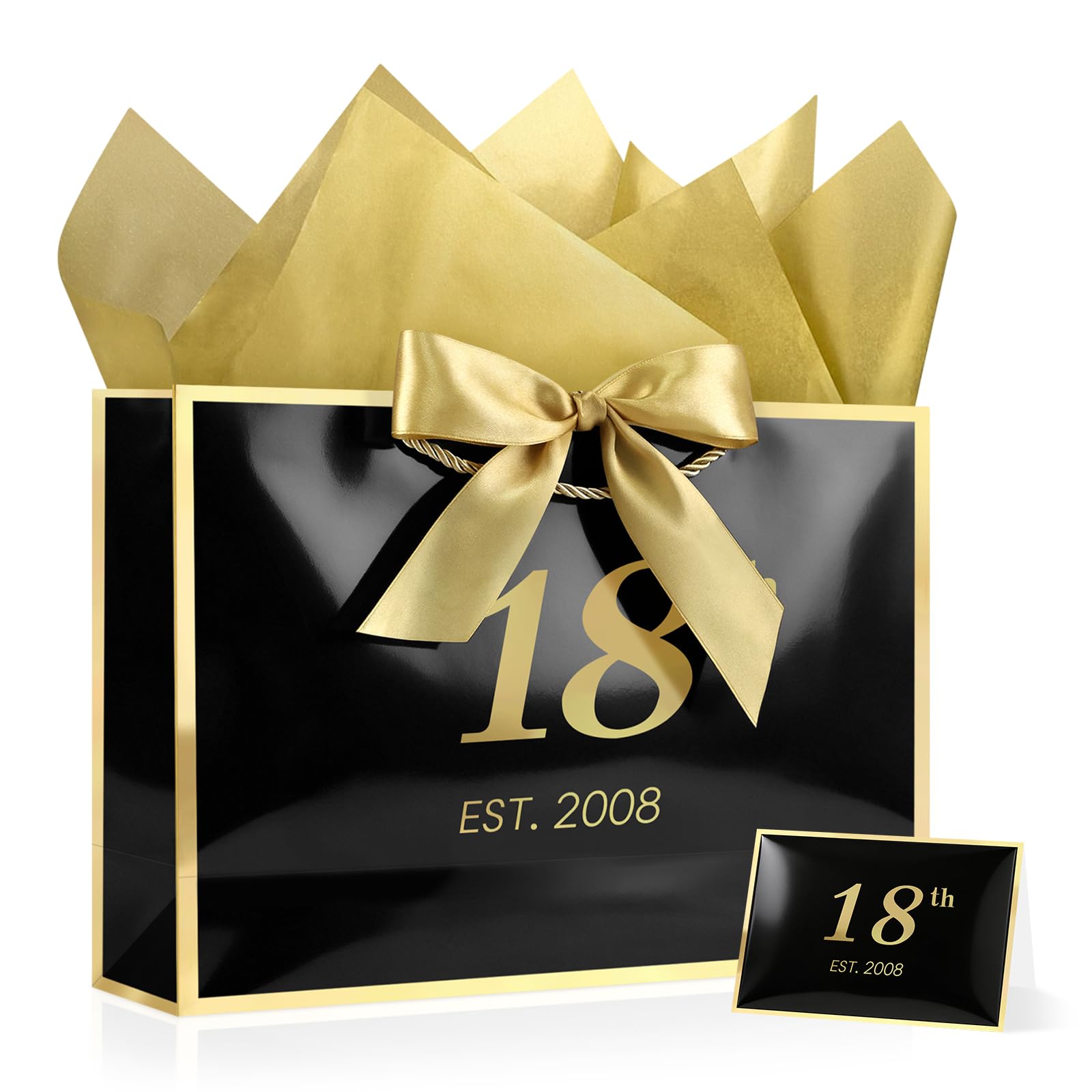 JMANNI 18th Birthday Gift Bag, Large Black Gold Foil Frame for 2008