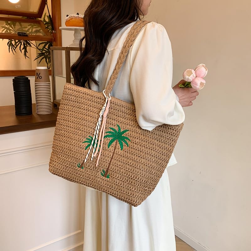 Women Seaside Straw Shoulder Bag Large Capacity Stylish Knitting Tote Bag Wear Resist Embroidery Pattern Handbag Shopping Wor3