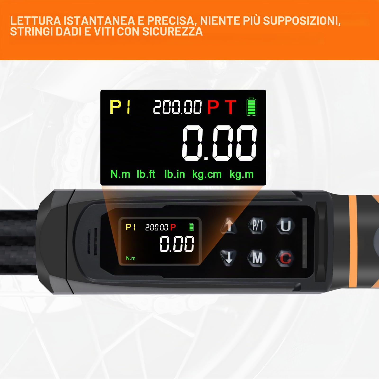 Uharbour Chiave Dinamometrica Digitale 1/2" Drive con Corpo in Fibra di Carbonio, Gamma 3-200 Nm, Precisione ±2% con Vibrazione, Cicalino e Allarme LED, Adatta per Auto, Moto e Bicicletta