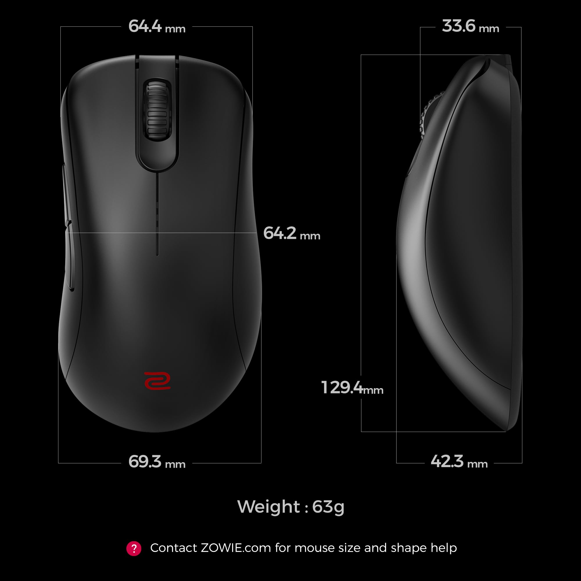 BenQ Mouse wirless ZOWIE EC1-DW 4K per e-sport, scienze sportive, ricevitore a 4K migliorato, 63g, asimmetrico, senza driver, sensore 3950, frequenza di polling 4K
