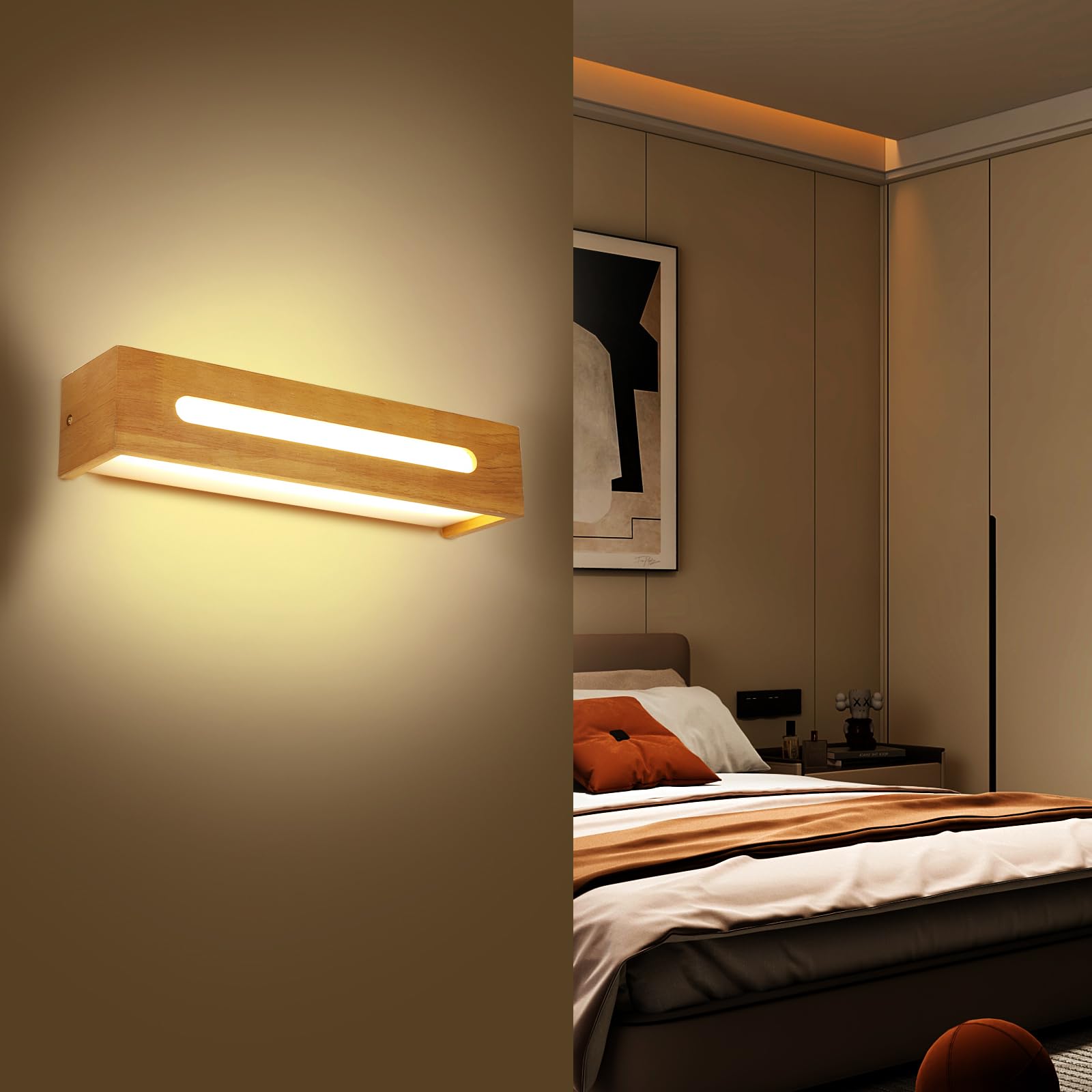 Lámpara de pared LED Madera, Aplique de pared Interior Estilo Nórdico, Luz Ccálida 3000K 18W Aplique Iluminación Ddecorativa para Salón, Dormitorio, Ppasillo, Baño