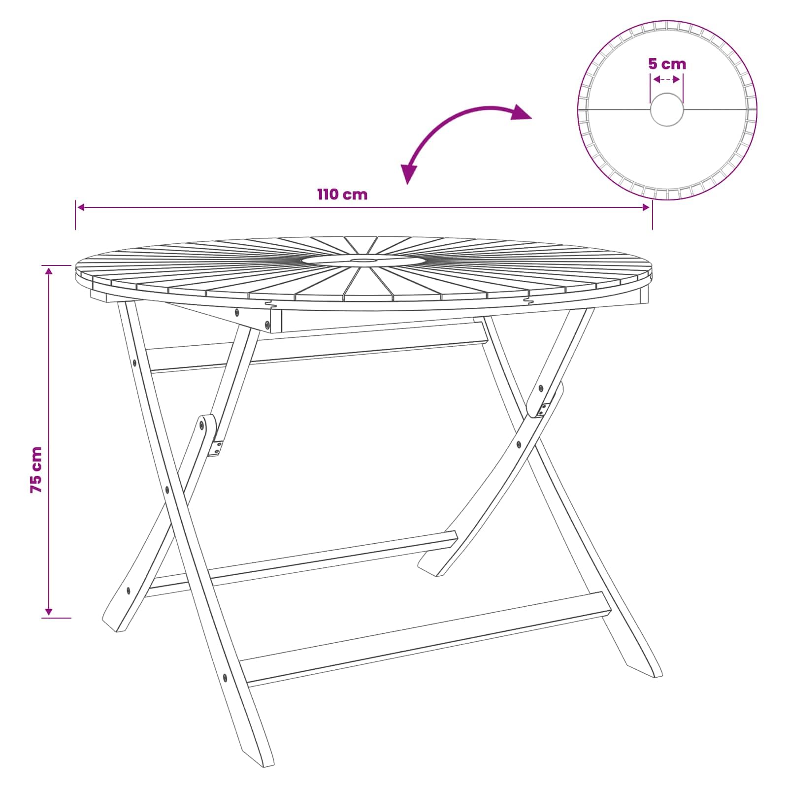 vidaXL Vouw Tuin Tafel Naturel Ø110 x 75 cm Massief Acaciahout