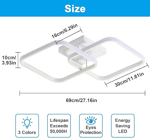 Miniatura 8 de Goeco Lámpara de techo LED moderna, 3 colores de luz intercambiables (3000 K4500 K6000 K), lámpara de techo cuadrada empotrada, luz de techo