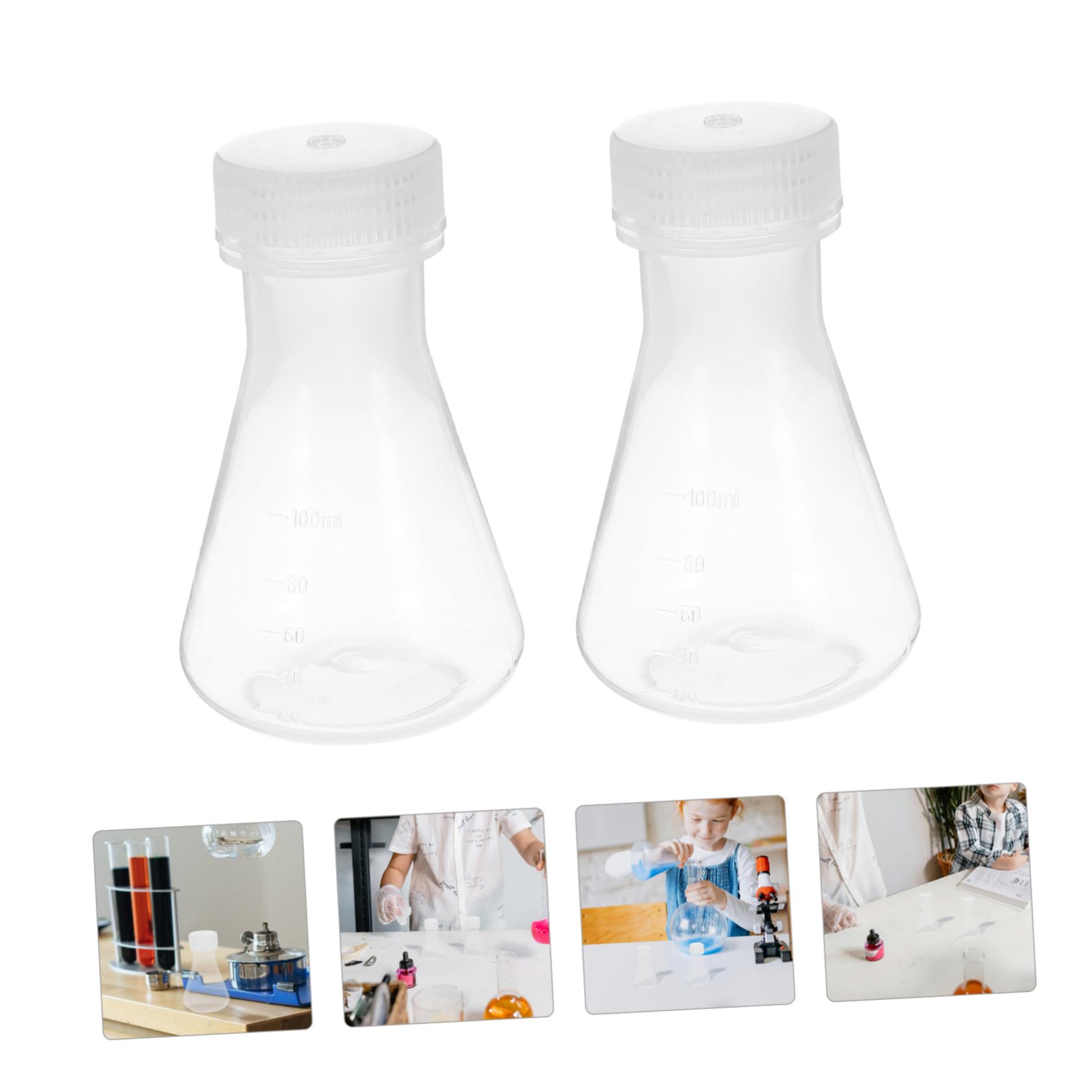 Hohopeti 5 pièces Lot de Flacons Erlenmeyer en Plastique avec Bouchon Fiole en Forme de Cône à Large Col et Fond Plat Stable et Sécurisé pour Laboratoire de Chimie Biologie et Médecine