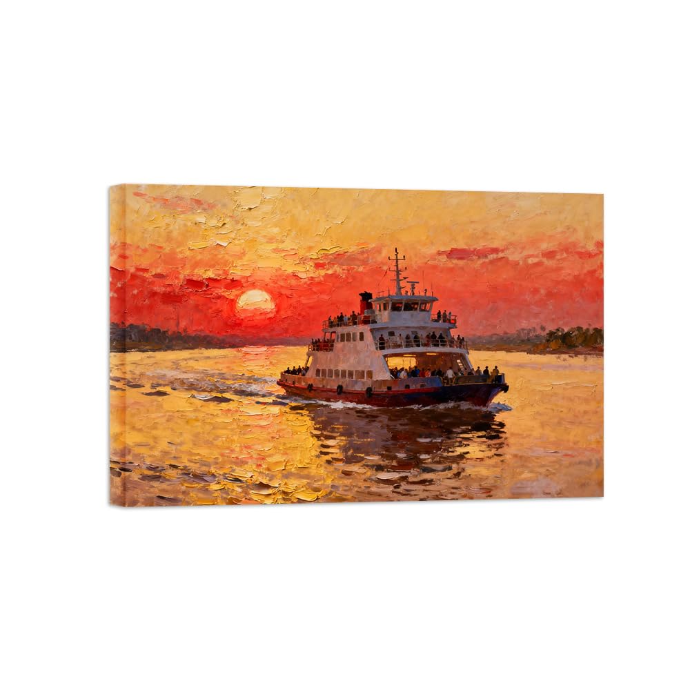 OZPWBVY Sea Boat Sunset Landscape Canvas Prints Ready to Hang 70x105cm Wrapped Canvas