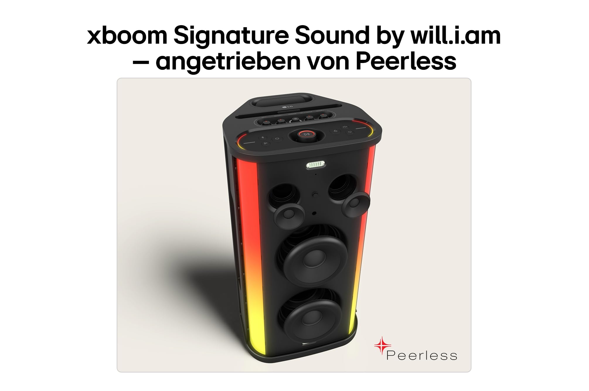 LG xboom Stage501 by will.i.am, tragbarer Bluetooth-Lautsprecher, DJ- und Karaokefunktion, LED-Beleuchtung, 4 Aufstellfunktionen, (220 W, Signature Sound, IPX4, bis zu 25 Std. Akkulaufzeit), Schwarz