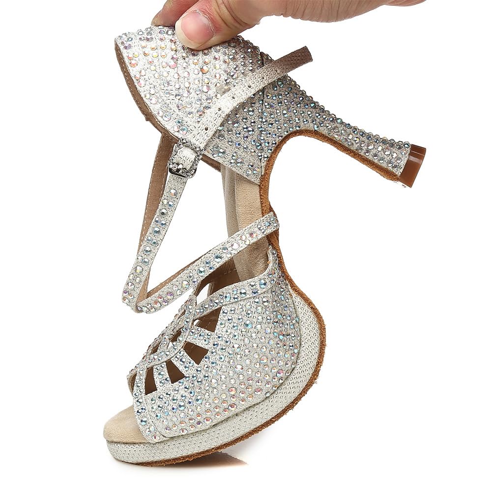 Zapatos de Baile Latino Mujer con Plataforma Zapatos de Baile Salsa y Bachata de Salón Punta Abierta,Modelo YC-L458