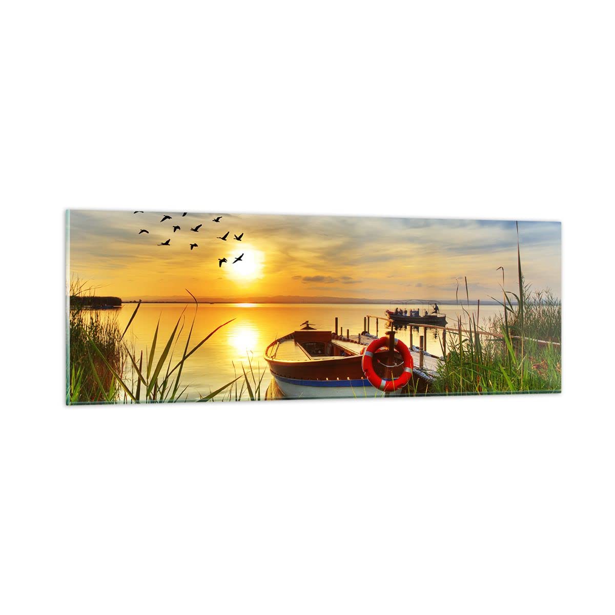 Vidrios decorativos Barco lago puesta del sol verano la gente Cuadro Sobre Vidrio Moderno 90x30cm Decoracion Salon Cocina Cuadros Pared Impresiones Impresión en Cristal Wall Art Prints GAB90x30-3053
