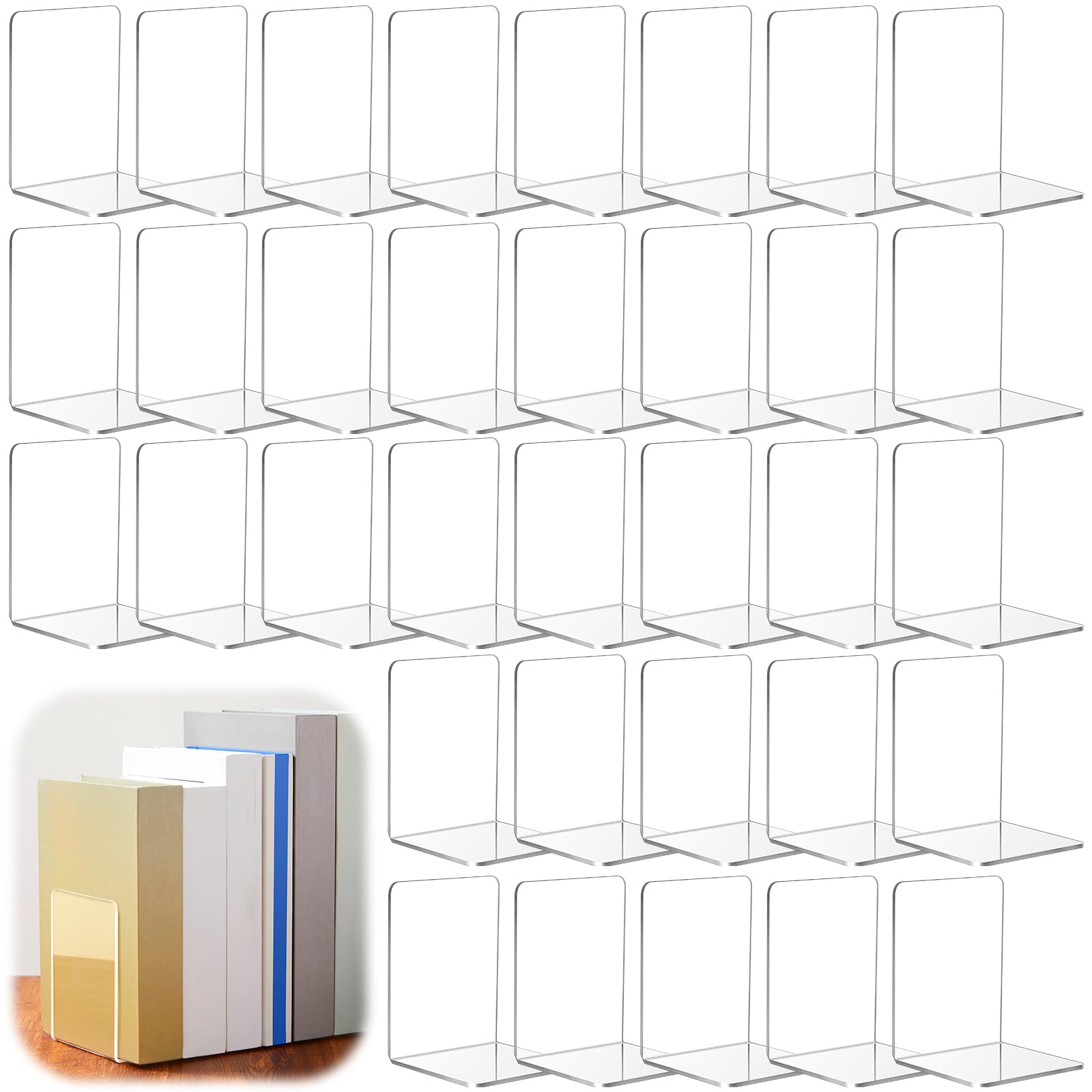 Maitys 32 Pcs Plastic Book Ends Bulk Clear Acrylic Bookends for Shelves Decorative Book Organizer Heavy Duty Holder Office Stoppers Bookshelf Desktop