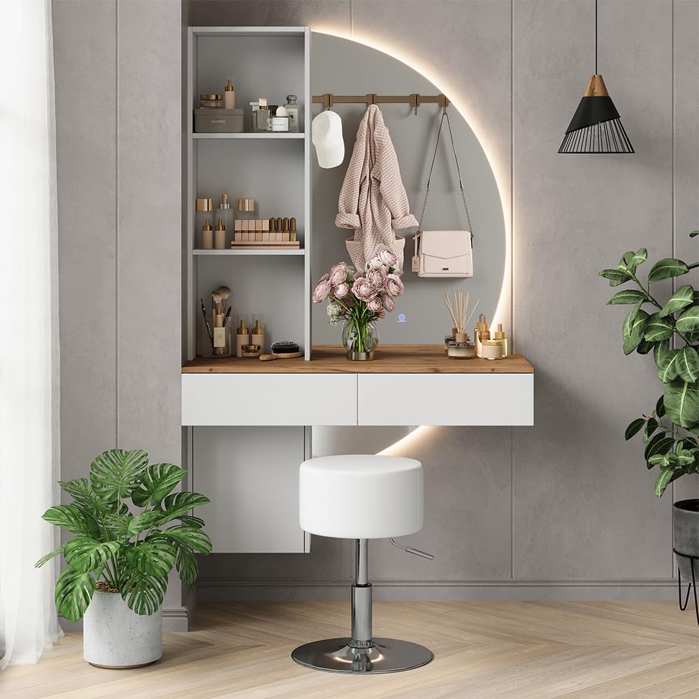 Vicco Tavolo da toeletta Melora, Bianco/quercia, 100 cm | con specchio LED e sgabello, per la conservazione di cosmetici e accessori