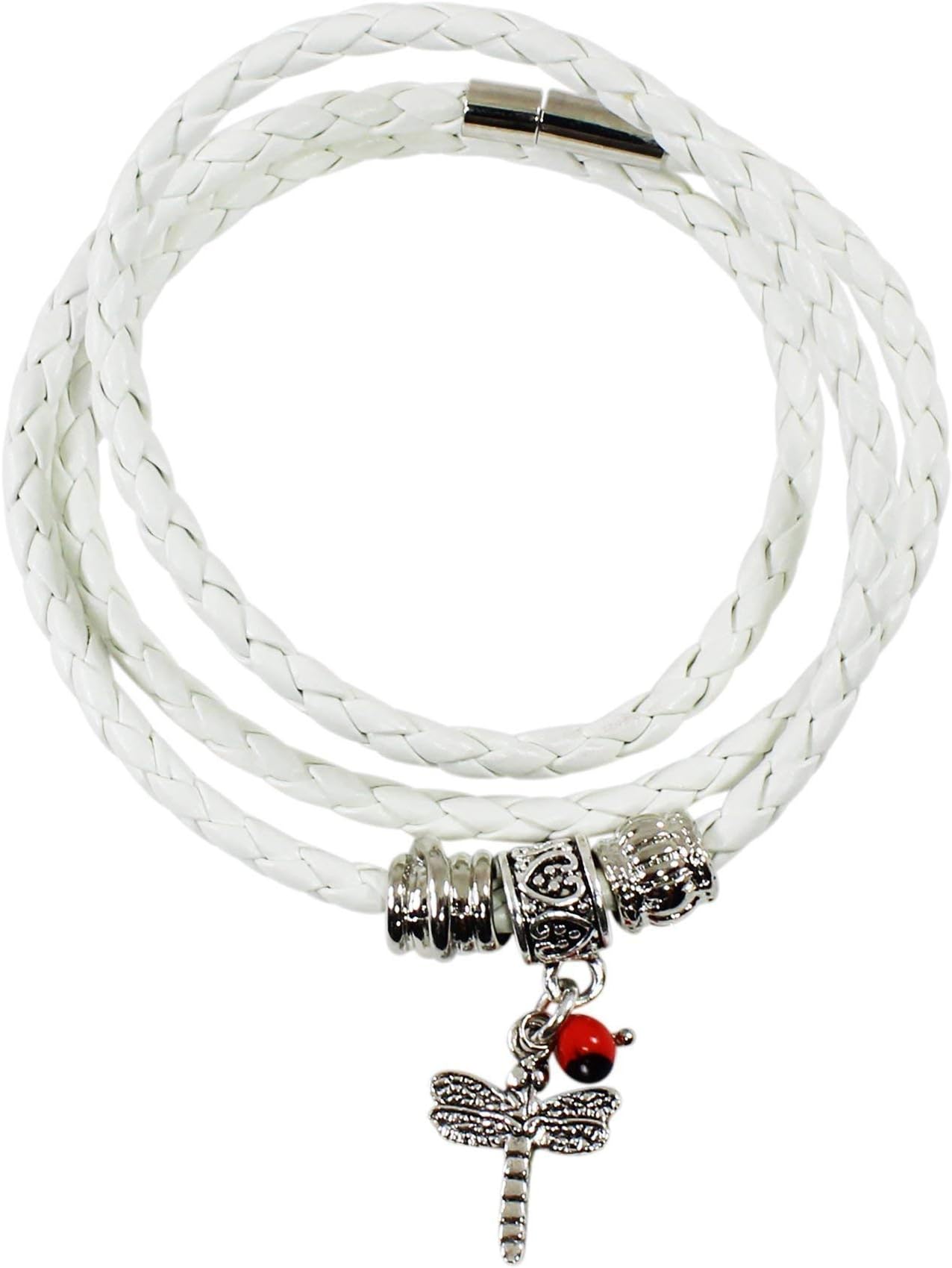 Peruvian Gift Dragonfly Charm White Leather Bracelet for Women - Meaningful Good Luck, Prosperity, Love, Happiness, Energy Huayruro Red Seeds, Dragonfly Gift Charm - Eco Friendly by Evelyn Brooks
