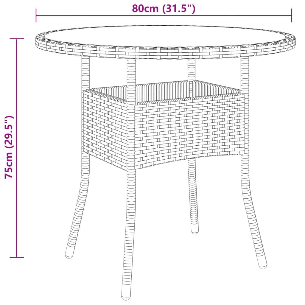 AUVYI Mesa de jardín de 80 x 75 cm de diámetro, cristal templado y polirratán, color marrón, mesa auxiliar, mesa de póquer, mesa de cocina, mesa de cerveza, mesa de camping, mesa de buffet