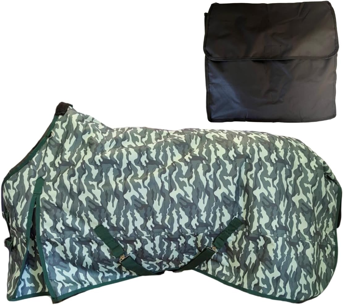 AJ Tack 1200D Waterproof Winter Horse Blanket with Storage Bag - 400g Heavyweight Turnout with Fleece Collar, Shoulder Gussets & Tail Flap - Camouflage 82"