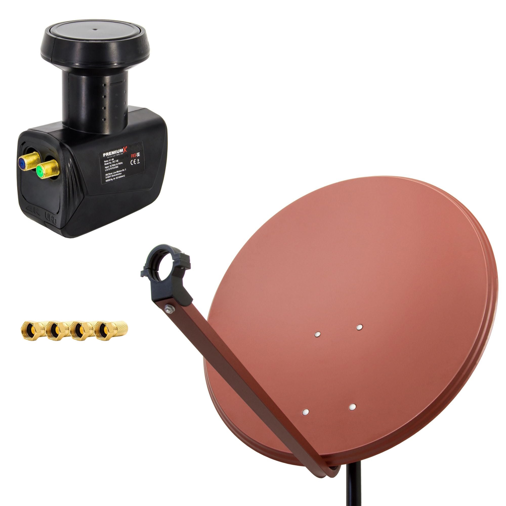 Premium X Satelliten-Komplettanlage 80cm Satellitenschüssel Ziegelrot Satellitenantenne Twin LNB 4X F-Stecker, SAT für 2 Teilnehmer