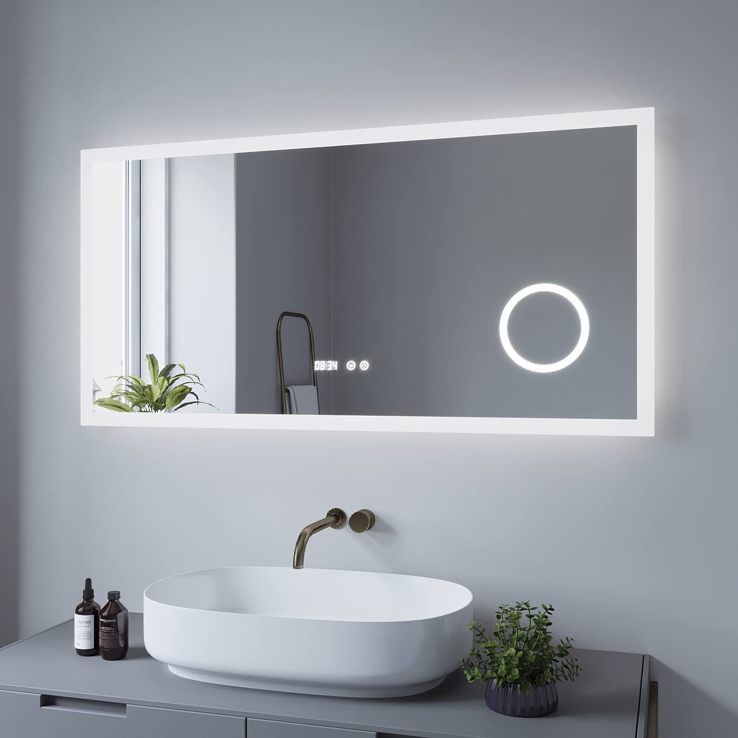 Led Badspiegel mit Digital Uhr 120x60 cm Schminkspiegel mit Beleuchtung