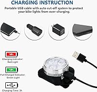 Vista 3 de Juego de luces para bicicleta recargables USB, faro delantero LED y luz trasera, luz de bicicleta impermeable, 4 modos, silicona y plástico, LED