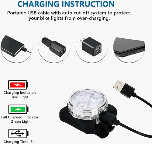 Miniatura 3 de Juego de luces para bicicleta recargables USB, faro delantero LED y luz trasera, luz de bicicleta impermeable, 4 modos, silicona y plástico, LED