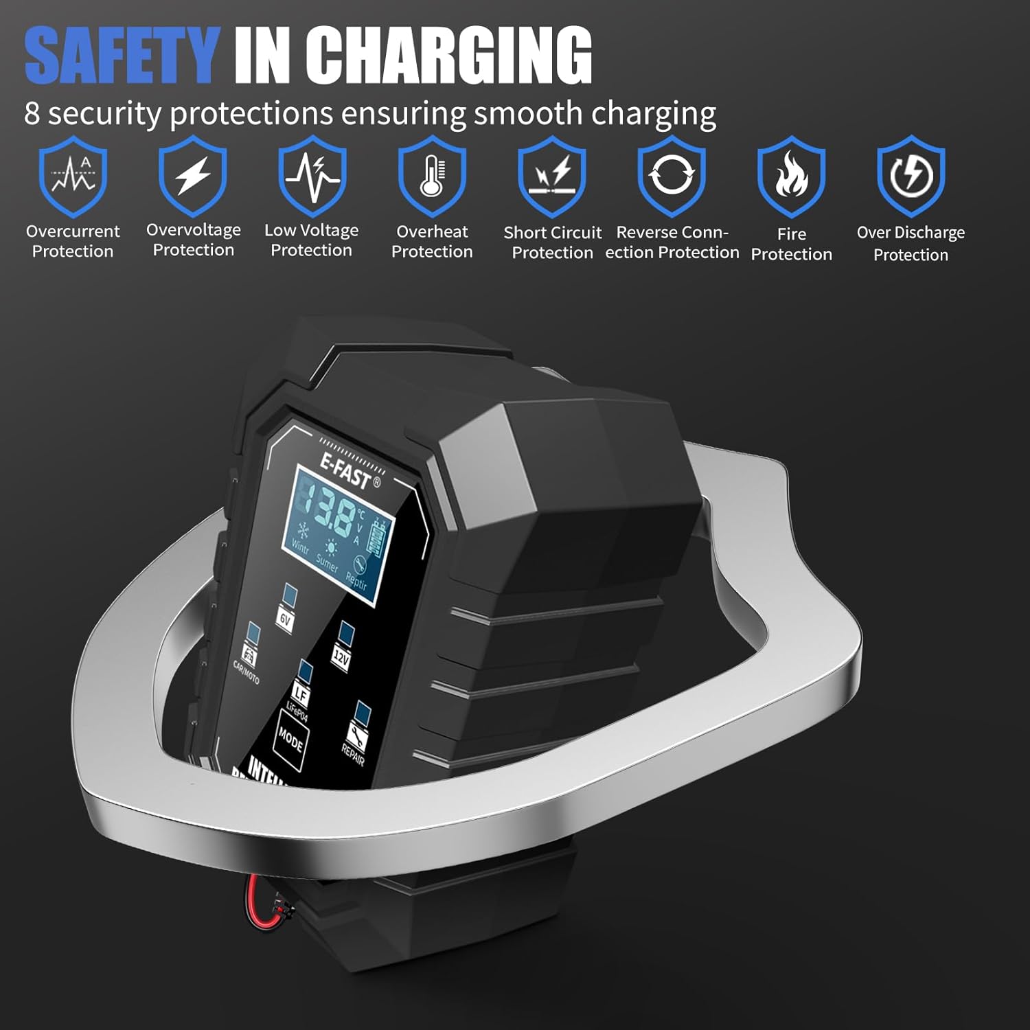E-FAST 1.5A Smart Car Battery Charger,Lifepo4 Lead Acid 6V and 12V Automotive Charger,Automobile Trickle Charger,All in 1 Battery Maintainer,for Motorcycle AGM Lawn Mower Boat Marine Batteries