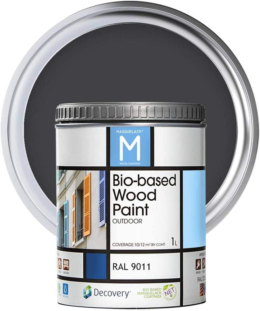Pintura para Madera Exterior - Color Negro - RAL 9011 - Formato de 1 Litro - Protege del Agua, la Humedad y los Rayos UV - Pintura Ecológica de Alta Cobertura y Acabado Semimate - Secado Rápido
