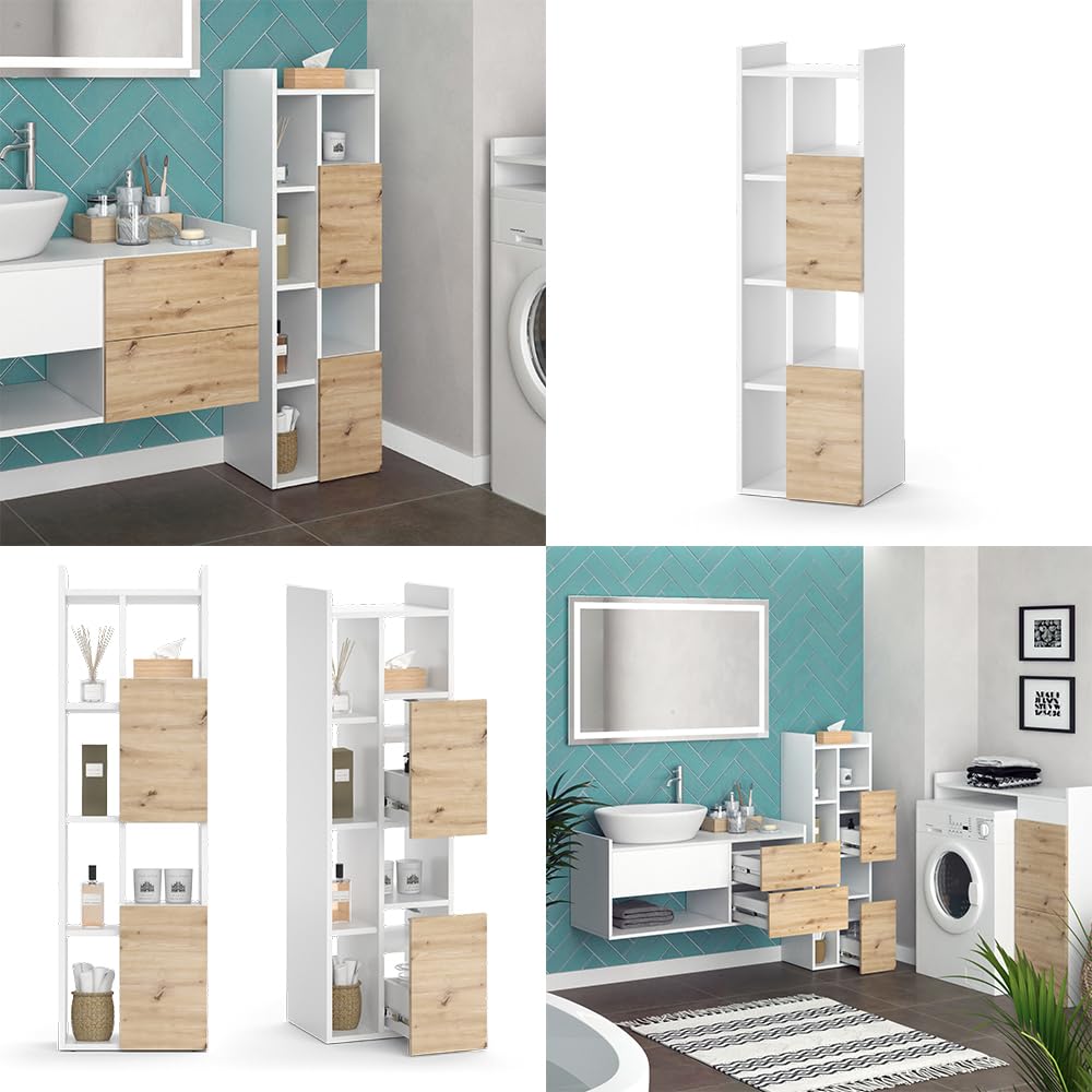 Vicco Mobiletto da bagno Alf, Bianco, 36 x 117 cm con 2 cassetti, per riporre risparmiando spazio sopra la lavatrice